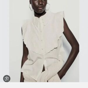 Zara Women Top XS White Embroidered Floral Sleeveless Ruffle Blouse 5770/029